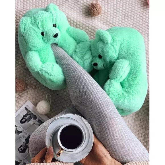 GREEN TEDDY BEAR PLUSH SLIPPERS - Picture 3 of 5